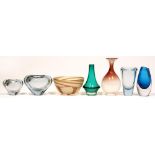 Three Holmegaard glass vases, 1950's - 70's, largest 14cm h and four other items (7)