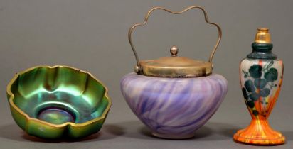 A glass scent bottle,  an iridescent glass dish and glass biscuit barrel with metal mount and lid (