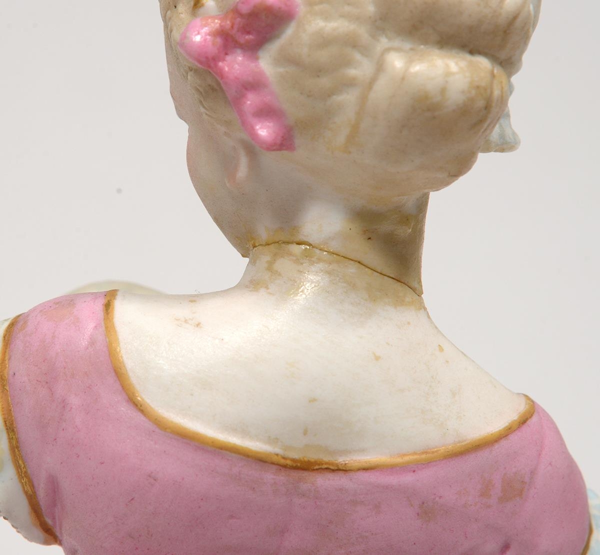 A pair of French painted biscuit figures, 19th c, 44cm Female figure - head broken off and restuck - Image 7 of 8