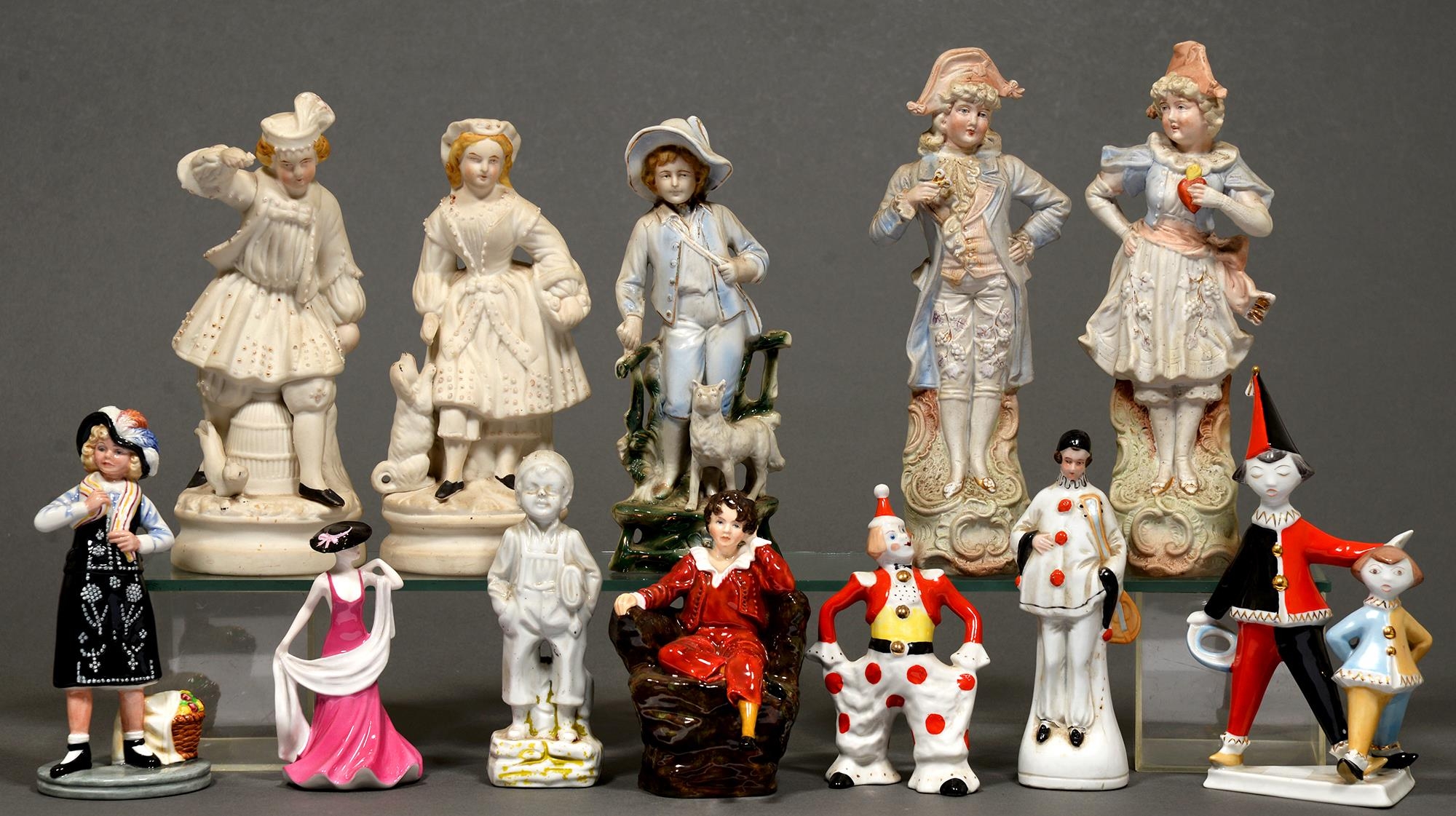 Five parian figures and seven others, to include Doulton and Coalport