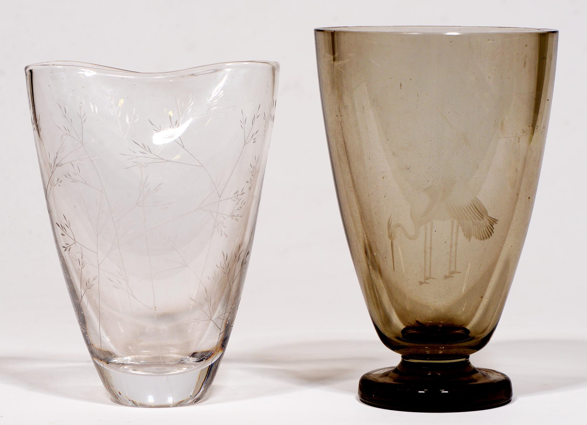 A Kosta green glass vase, engraved with grasses, 19cm h and  another vase engraved with herons, 20cm - Image 2 of 3