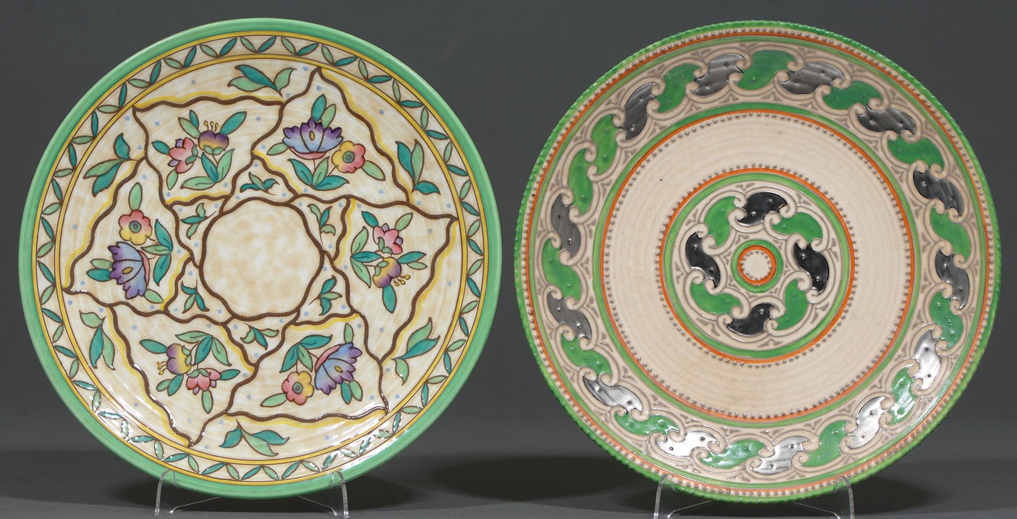 Two Crown Ducal dishes designed by Charlotte Rhead, 32cm diam