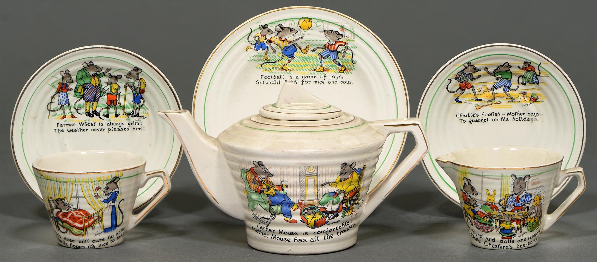 A 1930s earthenware child's  tea service, decorated with mice, teapot 10cm h (21) - Image 2 of 2