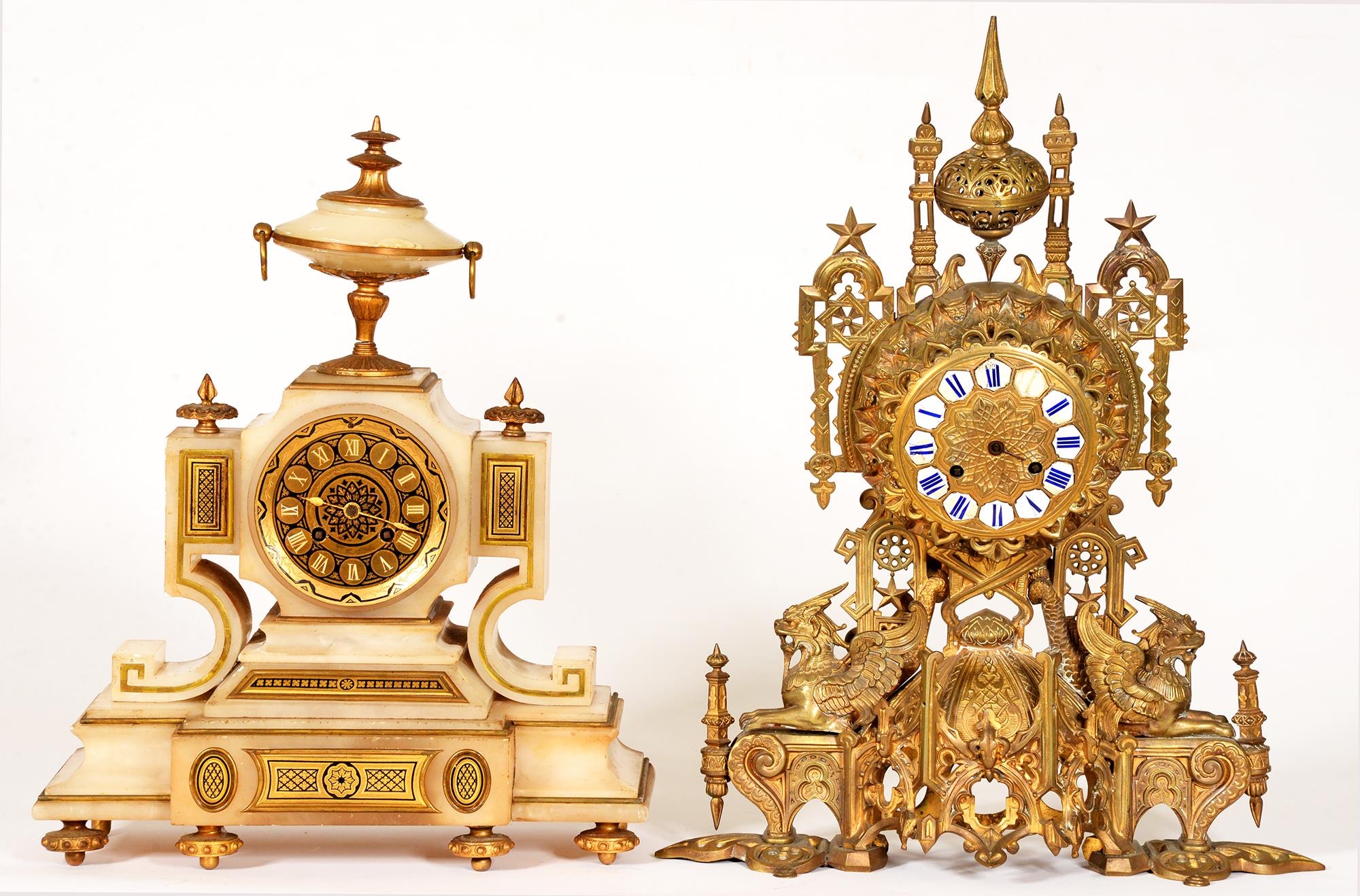 A French brass mounted alabaster mantel clock, late 19th c, 39cm h and an ornate brass clock with