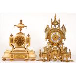 A French brass mounted alabaster mantel clock, late 19th c, 39cm h and an ornate brass clock with