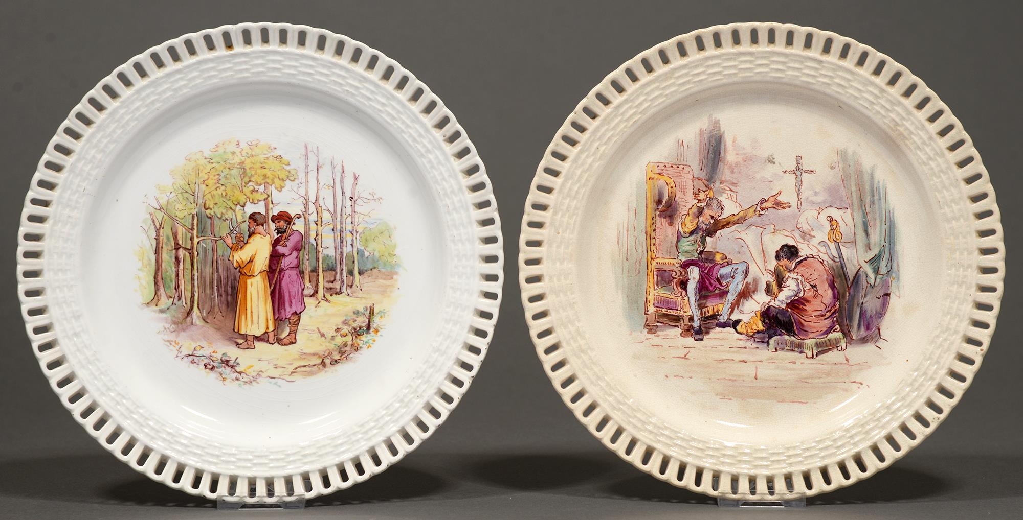 Two Mintons earthenware plates,   painted, possibly by  Edouard Rischgitz, 23cm diam  (2)
