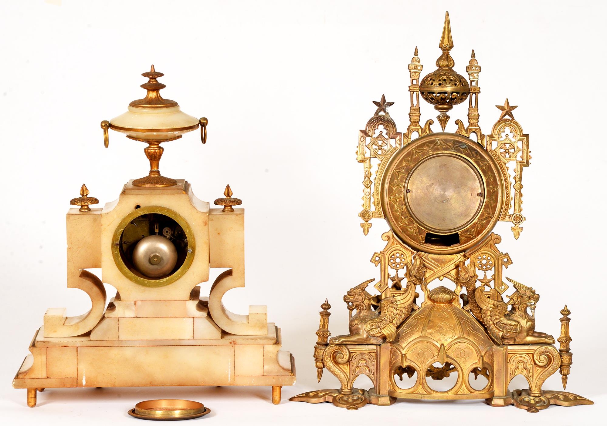 A French brass mounted alabaster mantel clock, late 19th c, 39cm h and an ornate brass clock with - Image 2 of 2