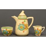 A Clarice Cliff coffee pot and cover,  Honeydew pattern, coffee pot 19cm h,  marked Wilkinson