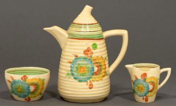 A Clarice Cliff coffee pot and cover,  Honeydew pattern, coffee pot 19cm h,  marked Wilkinson