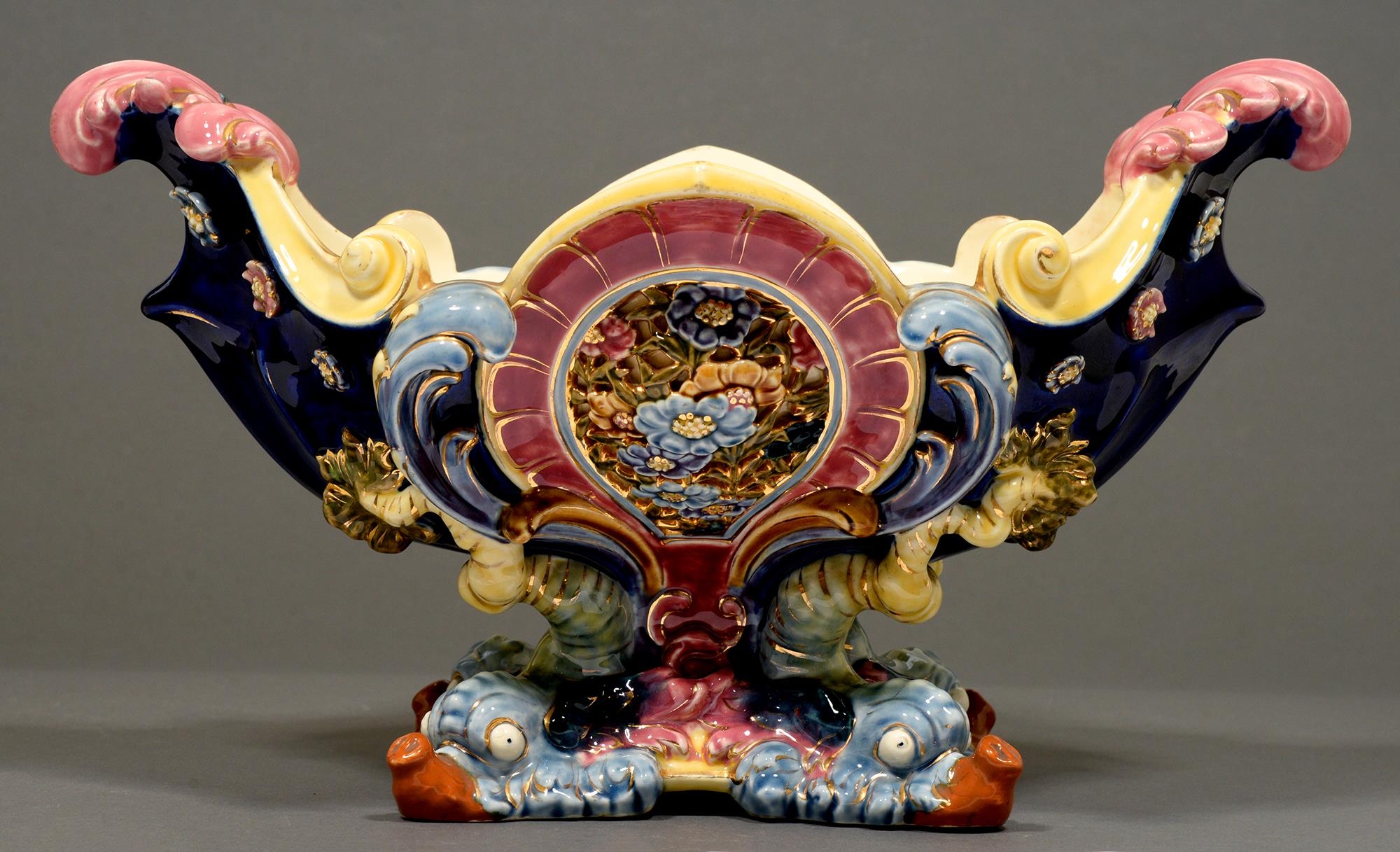 A Zsolnay majolica centrepiece, late 19th c, with dolphin feet, 49cm w, 20cm h