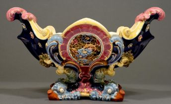 A Zsolnay majolica centrepiece, late 19th c, with dolphin feet, 49cm w, 20cm h