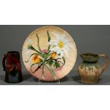 An Elton ware Art Pottery jug, 16cm h,  another jug and a VBS majolica plate (3)