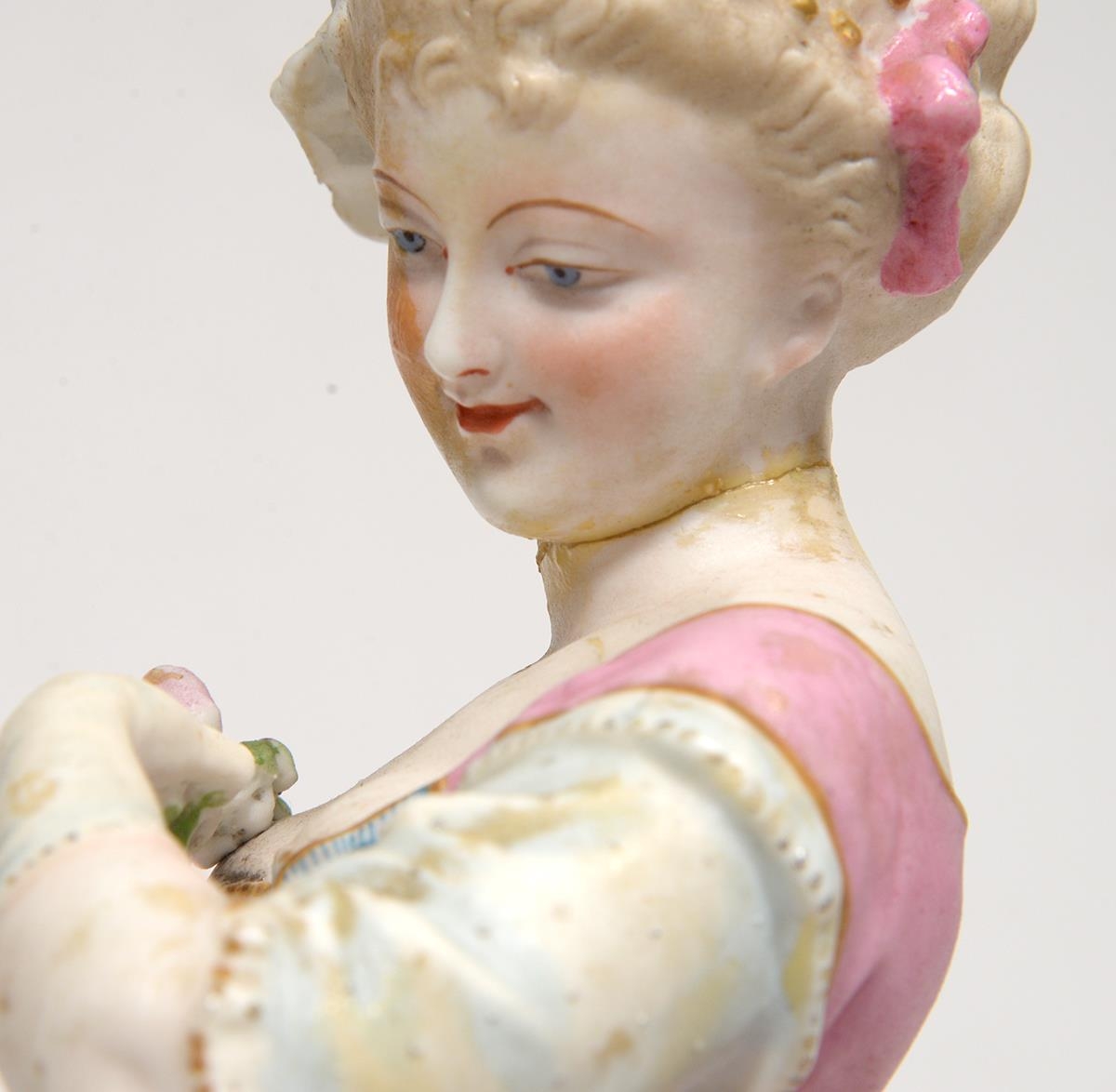 A pair of French painted biscuit figures, 19th c, 44cm Female figure - head broken off and restuck - Image 8 of 8