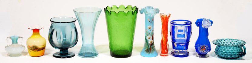 A Victorian trailed semi-opalescent glass vase, 10cm h and eight various other coloured glass