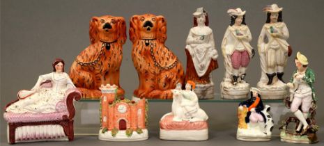 Ten Staffordshire figures, including flatbacks and pair of dogs, 26cm and smaller