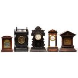 An aesthetic movement ebonised clock with gong striking movement, 55cm h and four various French and