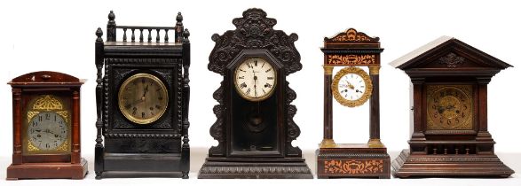 An aesthetic movement ebonised clock with gong striking movement, 55cm h and four various French and