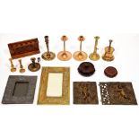 Miscellaneous metalware, early 19th c and later, including brass mirror, brass panels and