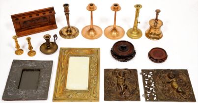 Miscellaneous metalware, early 19th c and later, including brass mirror, brass panels and