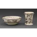 A Gray's Pottery silver lustre bowl, 26cm diam and a Wedgwood silver lustre vase, 16.5cm h (2)