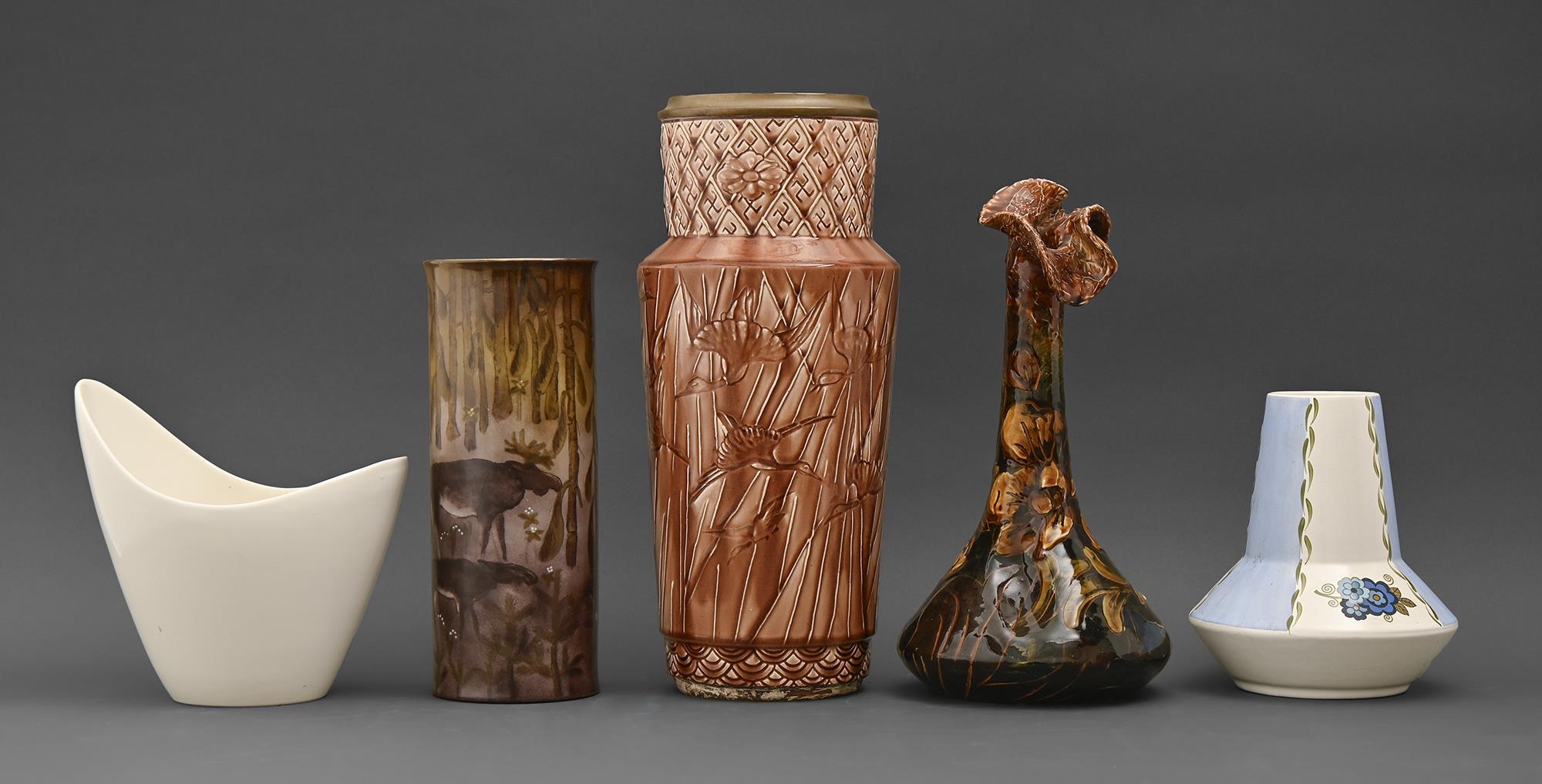 An A Dean Art Pottery majolica vase, c1900, Poole, Price, Thomas and Choisy-le-Roi vases (6)