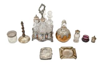 A silver ashtray, a Victorian EPNS cruet frame, etc