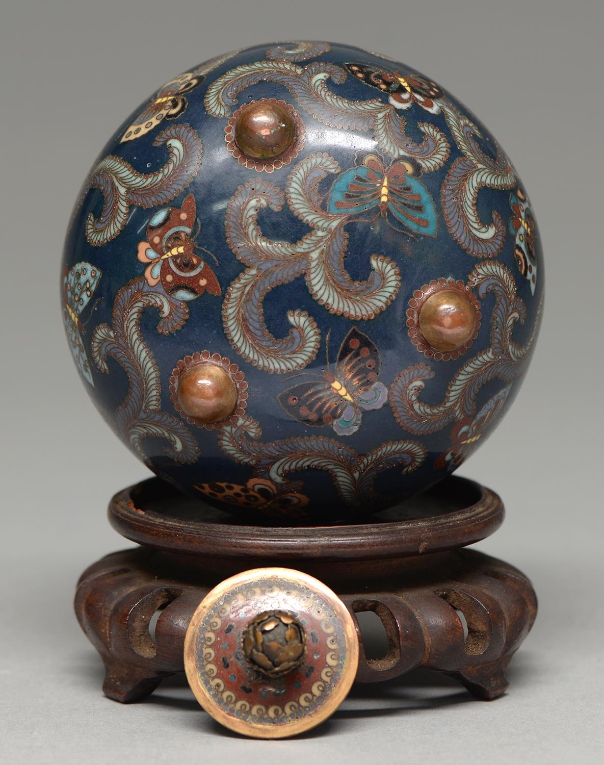 A Japanese cloisonne enamel jar and cover, Meiji period, enamelled with butterflies and a long - Image 2 of 2