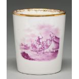 A German porcelain beaker, 19th c, painted en puce camaieu with two battle scenes, the rim gilt,