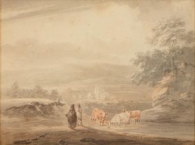 Peter La Cave (1769-1811) - Landscape with Shepherd, signed and dated 1801, watercolour, 18.5 x 25cm