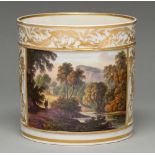 A Derby porter mug, c1820, painted with a rectangular landscape panel with a figure by a river and