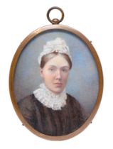 English School, 19th c - Portrait Miniature of a Lady, in brown dress with lace collar and cap,