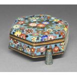 A Japanese cloisonne enamel box and cover, Kogo, Meiji period, of hexagonal form, decorated in