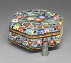 A Japanese cloisonne enamel box and cover, Kogo, Meiji period, of hexagonal form, decorated in