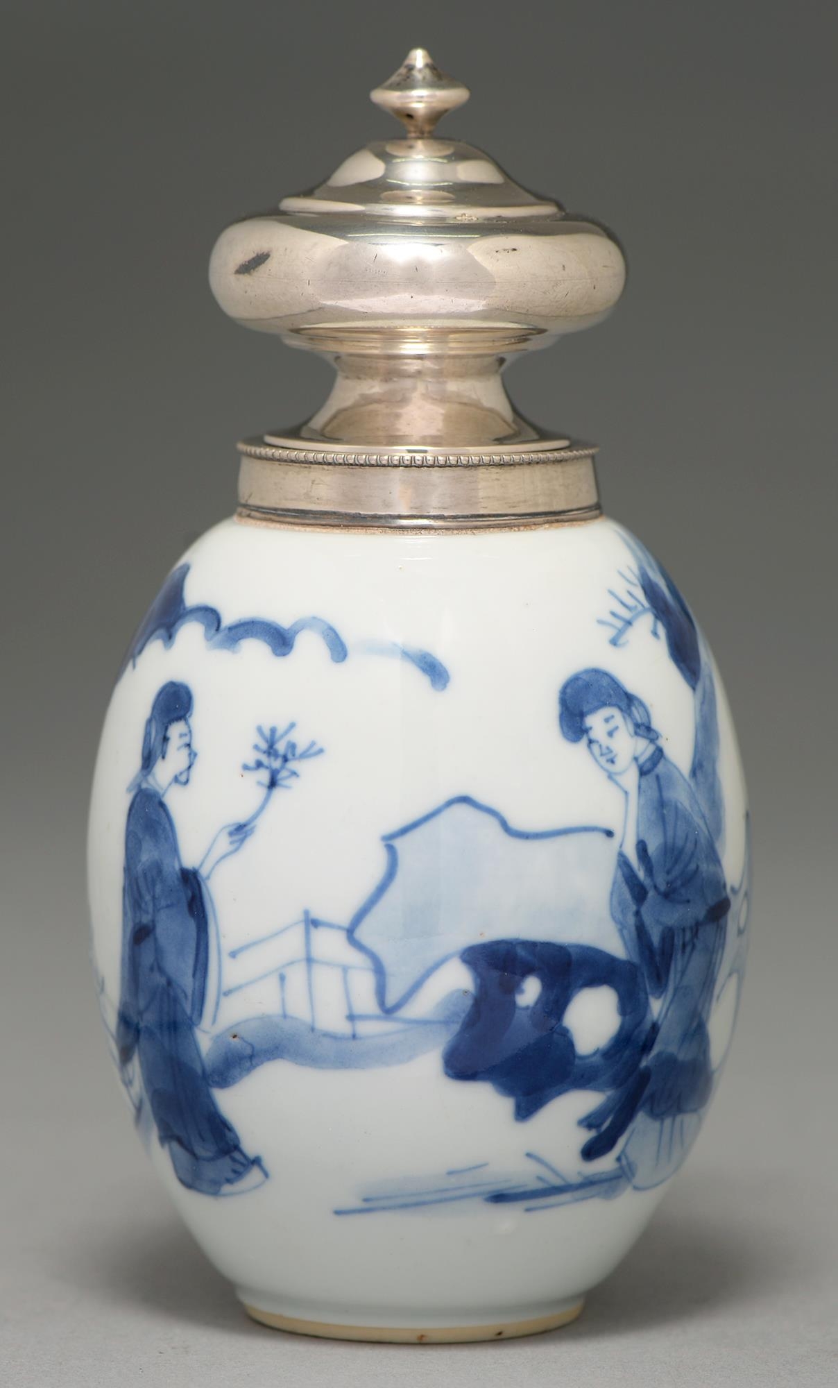 A Chinese blue and white vase, 18th c, ovoid, painted with three ladies in a landscape, later silver