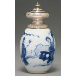 A Chinese blue and white vase, 18th c, ovoid, painted with three ladies in a landscape, later silver