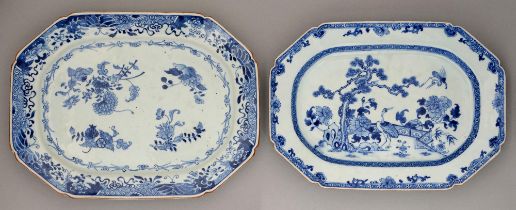 Two Chinese blue and white dishes, 18th c, painted with a crane and peony before a fence or four