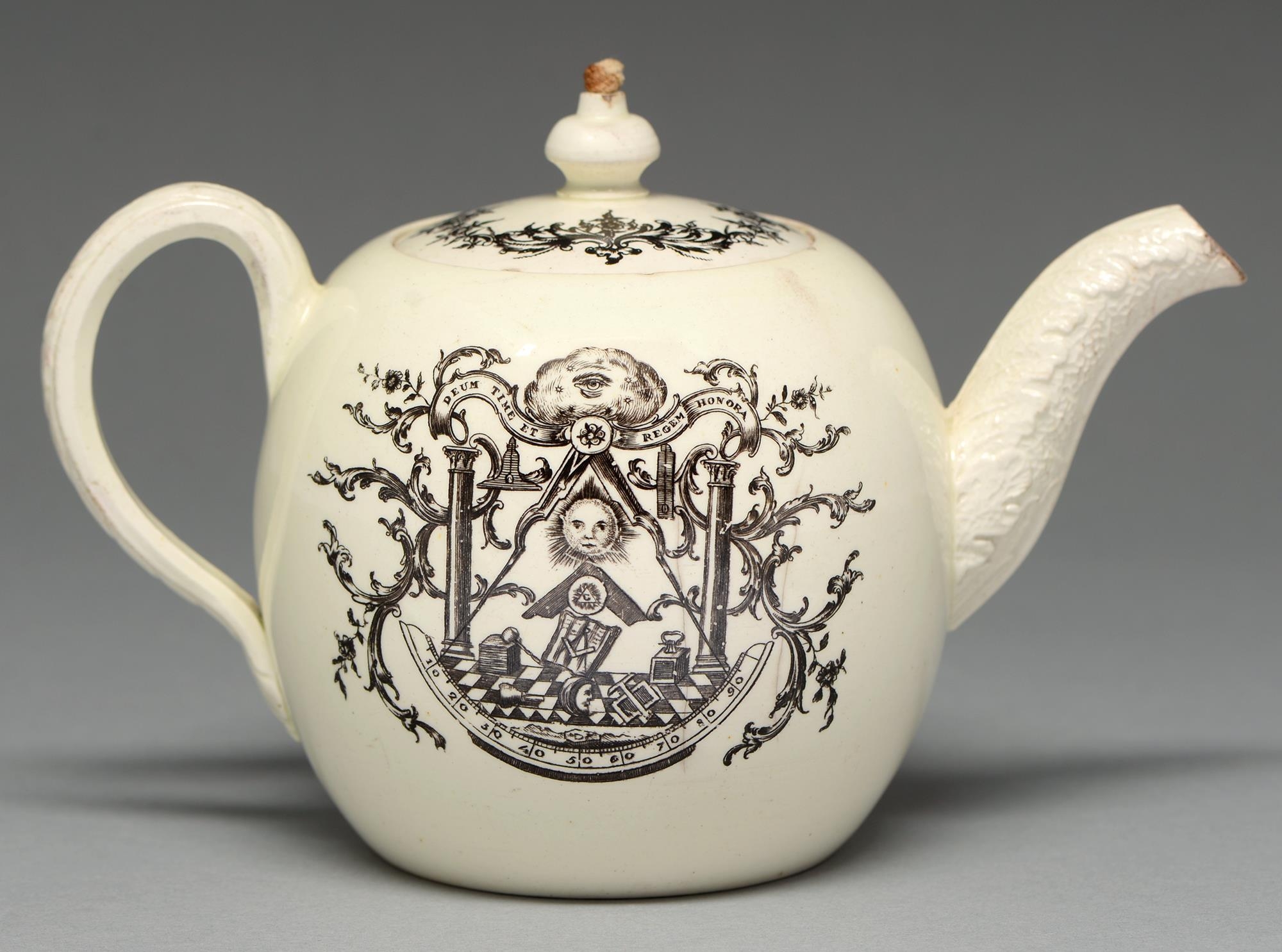 A Wedgwood Queen's ware teapot and cover, c1790, with cabbage leaf spout, transfer printed with