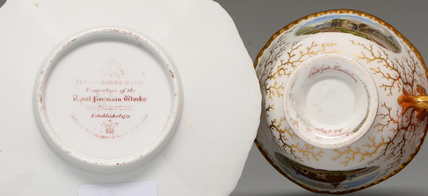 A Flight, Barr & Barr teacup and saucer, c1825, painted with vignettes, including an angler, on a - Image 2 of 2