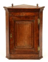 An oak corner cupboard, the door with raised and fielded panel and brass hinges, key, 63cm h; 32 x