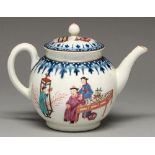 A Worcester teapot and cover, c1765, with underglaze blue border, the teapot painted to either