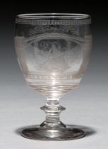 A Regency commemorative glass rummer, c1800, the incurved bowl engraved with SUNDERLAND BRIDGE and a