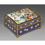 A Japanese cloisonne enamel cigarette box, second quarter 20th c, the lid enamelled with peony and