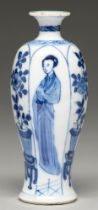 A Chinese blue and white vase, 18th c, of six-sided form, painted with a 'long Eliza' alternating