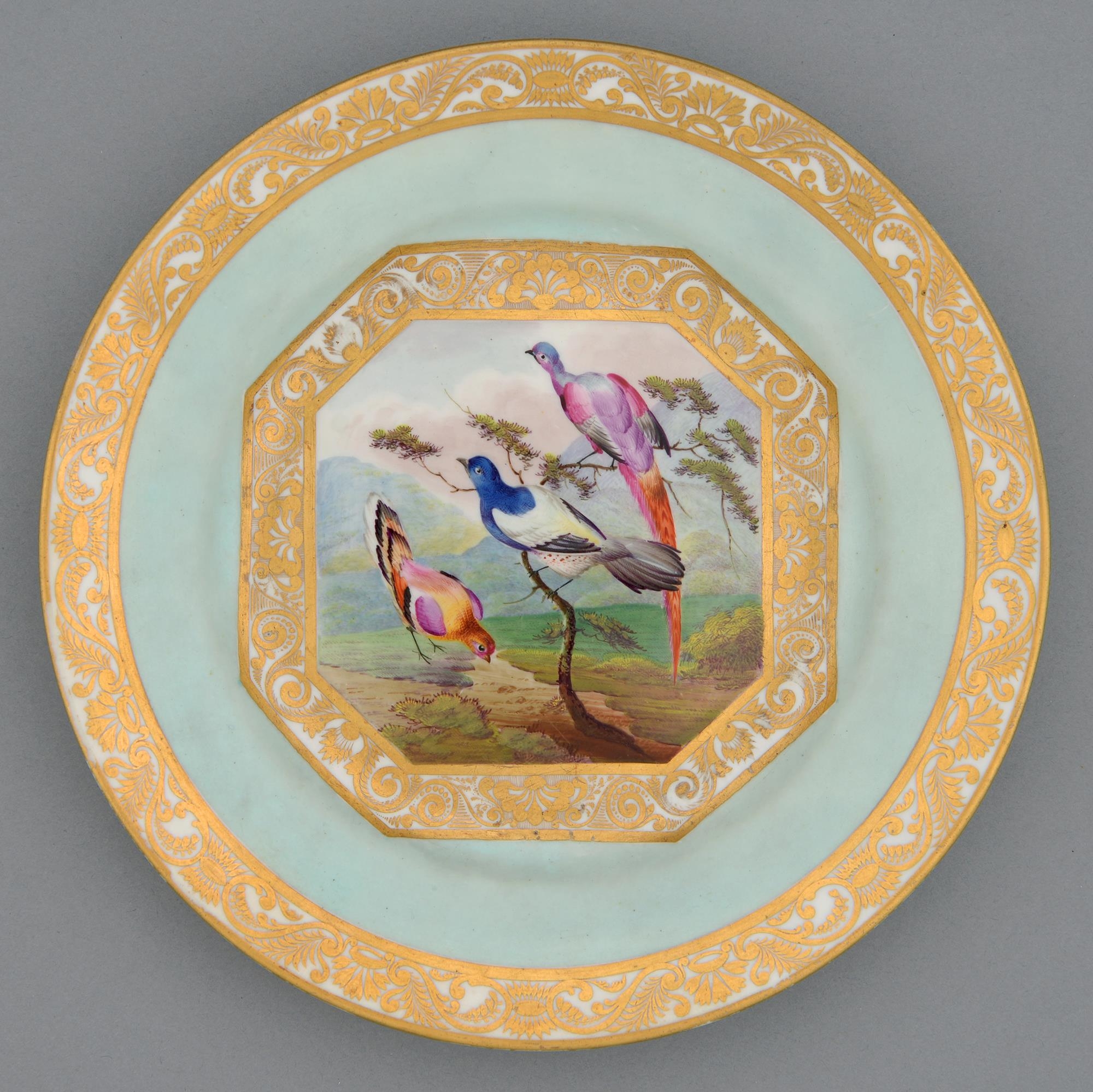 A Derby plate, c1820, painted by Richard Dodson with three brightly plumaged birds reserved on a