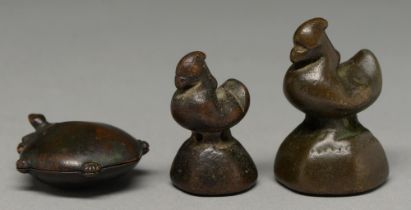 A  bronze opium weight in the form of a hintha bird, Burma, 19th c, 62mm h, another, smaller and a