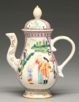 A Chinese famille rose miniature teapot or condiment ewer and cover with European-subject
