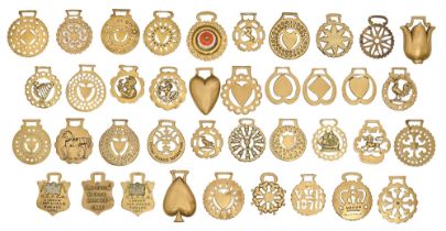 Thirty-eight horse brasses,  mainly Victorian and early 20th c,  including RSPCA London Van Horse