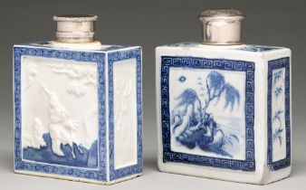 A Chinese moulded blue and white tea caddy and cover, 18th c, with an immortal and deer, bat and