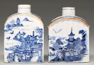 Two Chinese blue and white tea caddies, late 18th c, of arched and corrugated form, painted with