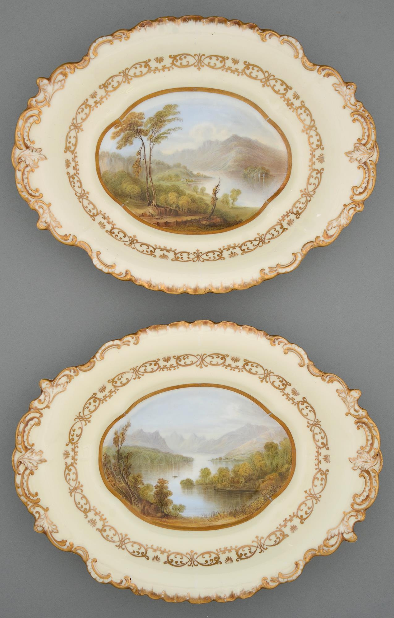 A pair of Copeland & Garrett dessert dishes, c1840, painted with views of Loch Lomond and Loch